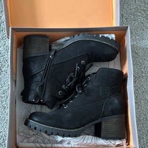 Crown Vintage Black Lace Up Boots with Chunky Heel